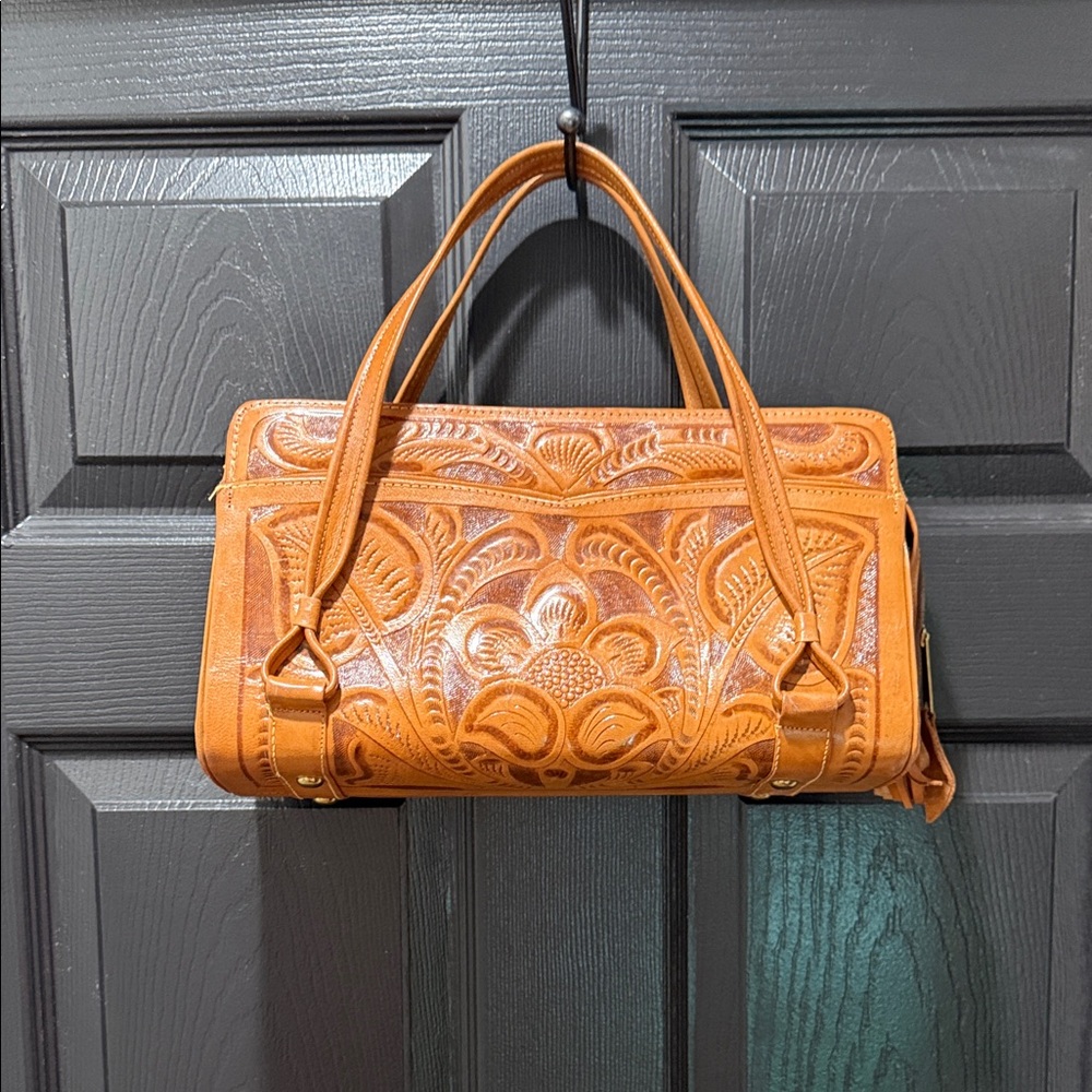 Hand-Tooled Leather Shoulder Bag in Cognac